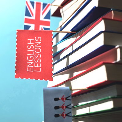 Books with an England flag and English lessons flag